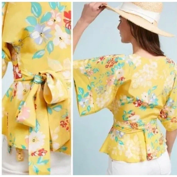 NWT Anthropologie Yumi Kim 100% Silk Floral Yellow Wrap Blouse Small​​​ - Picture 9 of 11